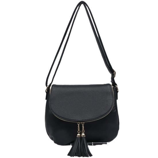 Plain Crossbody Shoulder Bag With Tassel - Black