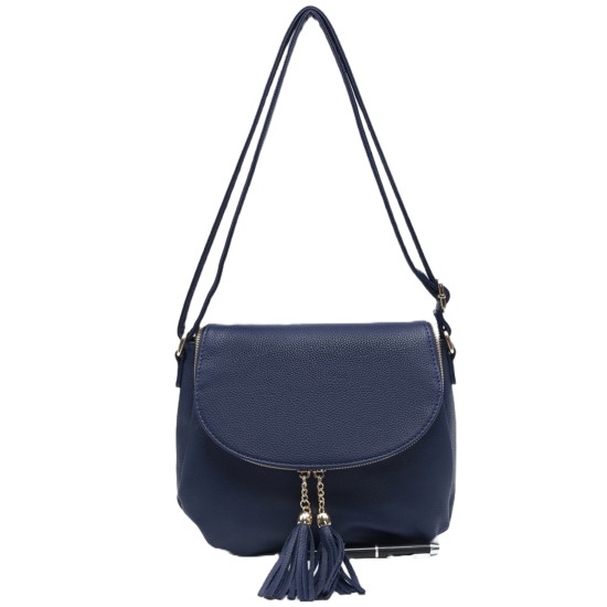 Plain Crossbody Shoulder Bag With Tassel - Navy