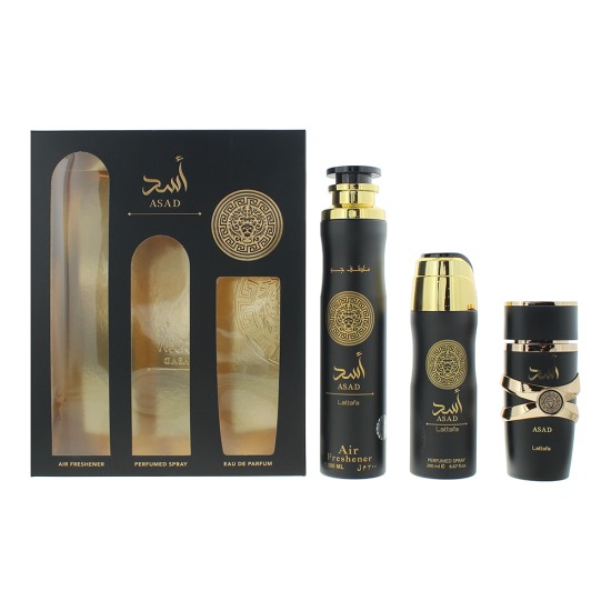 Lattafa Asad 3 Piece Gift Set: Eau de Parfum 100ml - Air Freshner 300 ml - Perfumed S